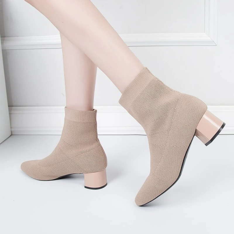 Pointed Toe Ankle Boots Autumn Women\'s Korean Style Fashion Solid Color Elastic Sock Boots Thick Heel High Heels Botas Femeninas