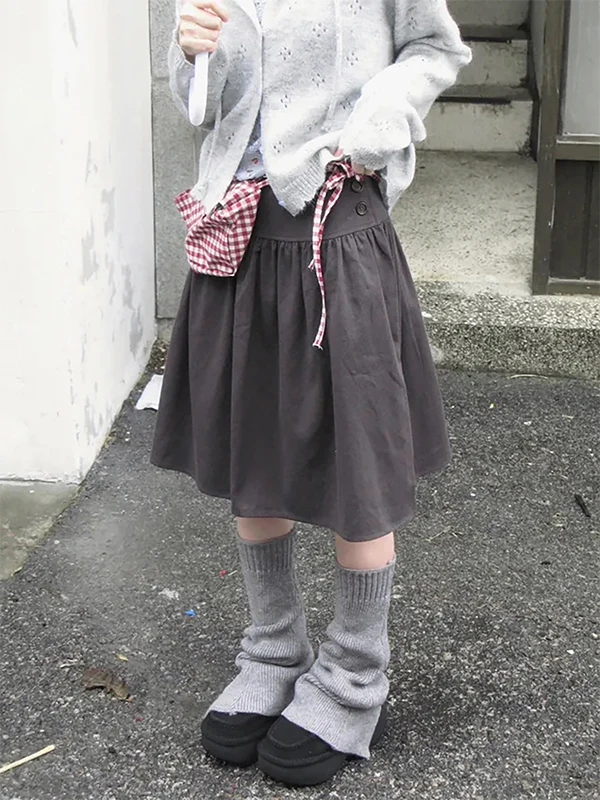 Grey A-Line Midi Skirt Women's Puffy Vintage Light Asian Style Pleated Versatile Over-Knee Half-length Skirt Ladies' Fashion