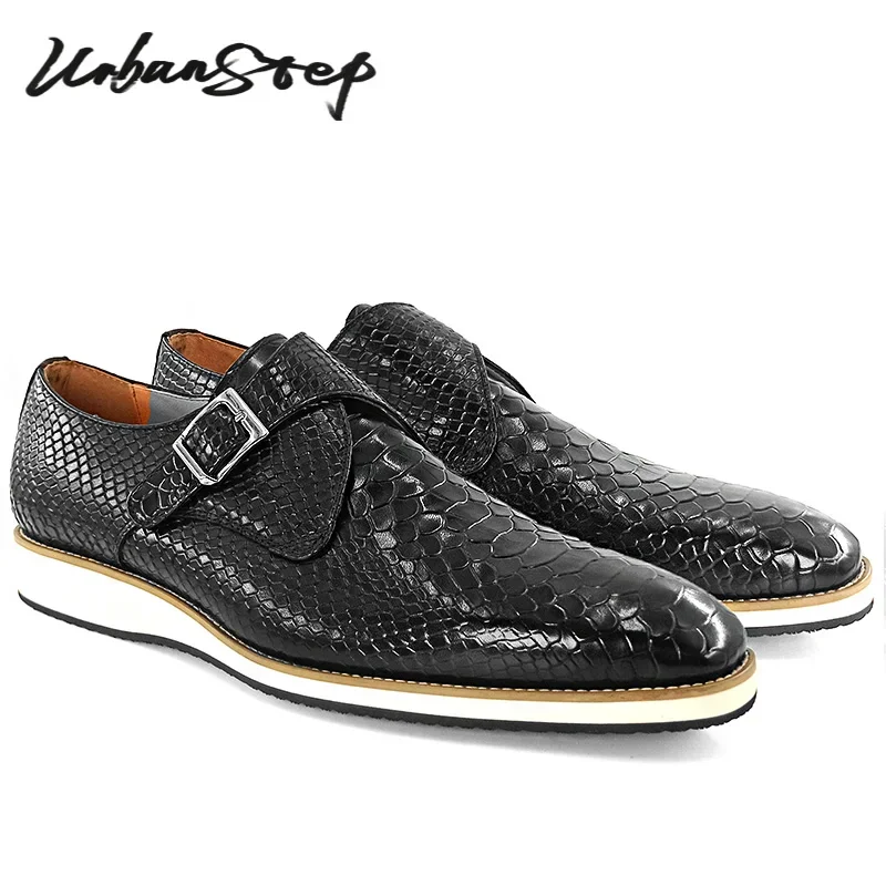 LUXURY MEN'S MONK SHOES BLACK BUCKLE STRAP SNAKE PRINT LEATHER DRESS SHOES OFFICE PARTY COMFORTABLE CASUAL SHOES FOR MEN