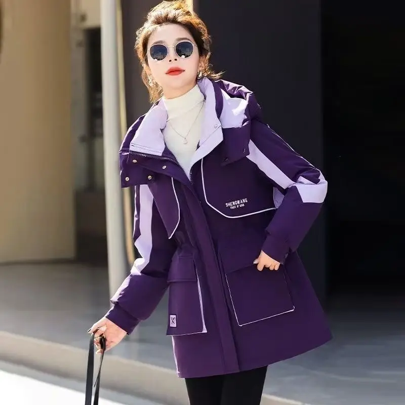

Women's Mid to Long Outdoor Fashion Sports Splicing Color Contrasting Cotton Coat Winter New Loose Waist-cinching Jacket