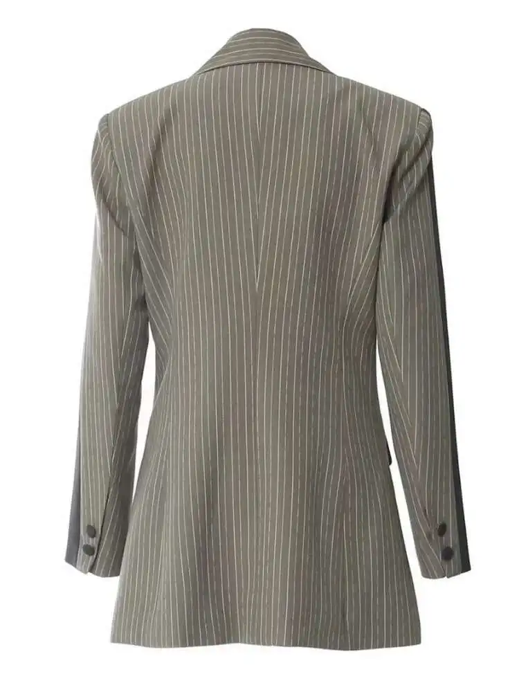 BJTZ 여성용 옷깃 정장 슬림 피트 패션 스트레이트 코트 스트라이프 패치 워크 포켓 디자인 자켓 2025 봄, 가을 새로운 스타일