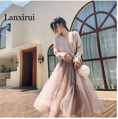 High quality winter Women's V-neck Long Sleeve Loose Knitted Sweater + Elastic Waist Gauze Skirt Two Pieces Ladies Skirt Suits