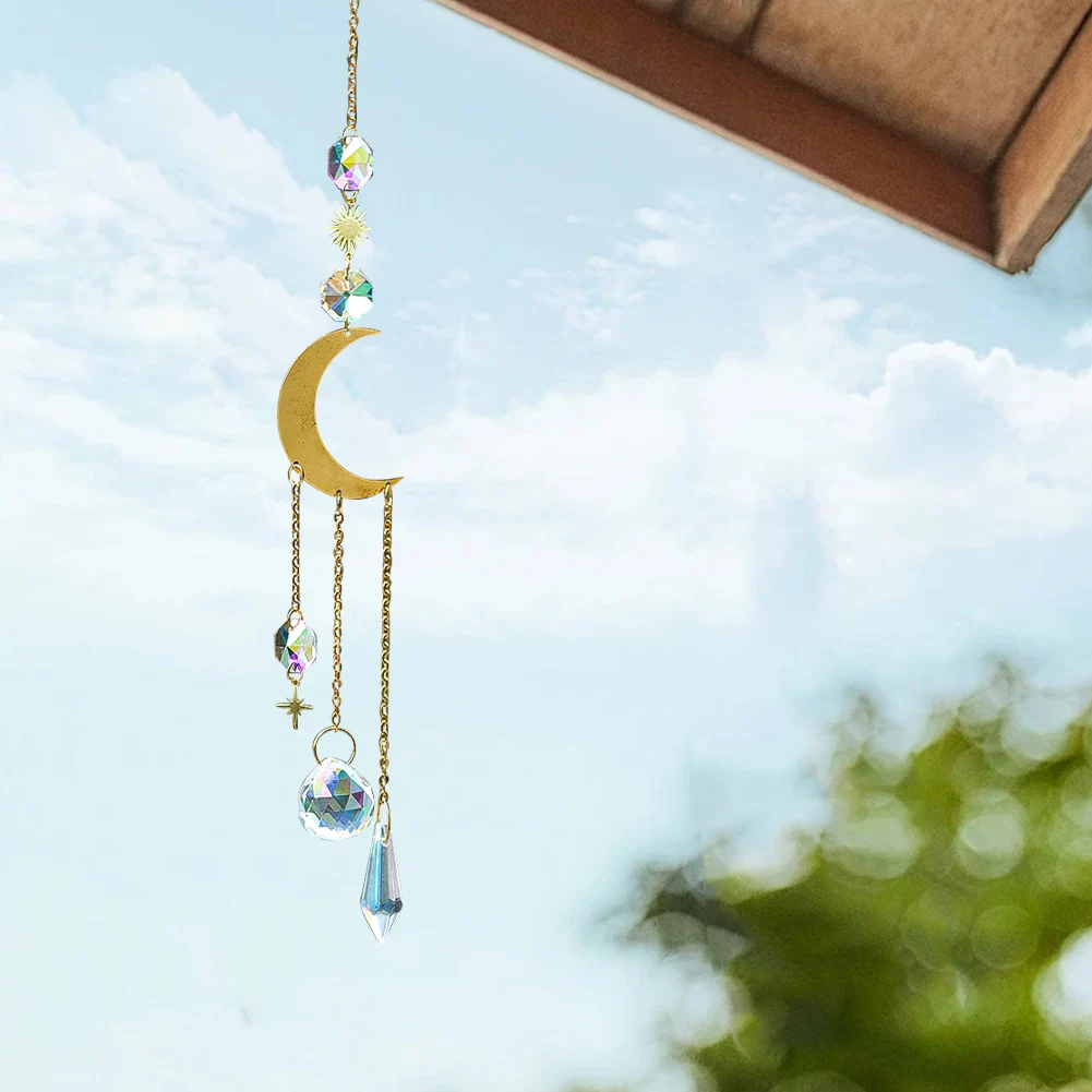 Star Moon Crystal Wind Chimes Suncatcher Hanging Prism Ball Light Collection Rainbow Maker Christmas Garden Decor Car Pendant