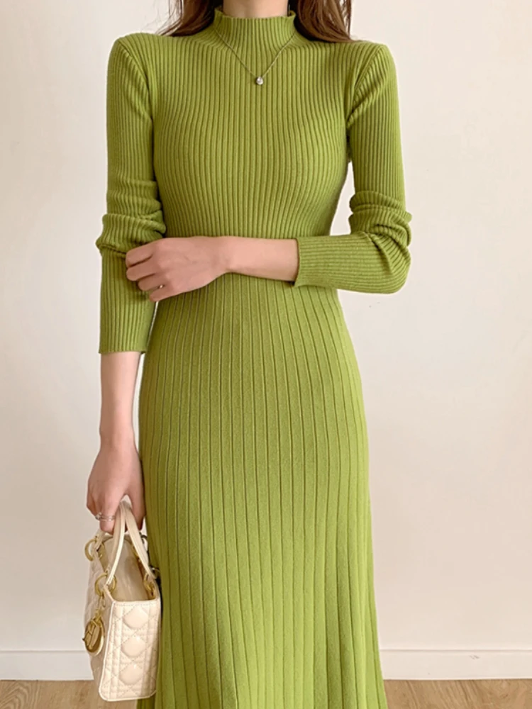 Autumn Winter 2024 Slim Long Sleeve Party Midi Dress for Women Knitted Half High Collar Elegant Knitted Sweater Dresses Ladies