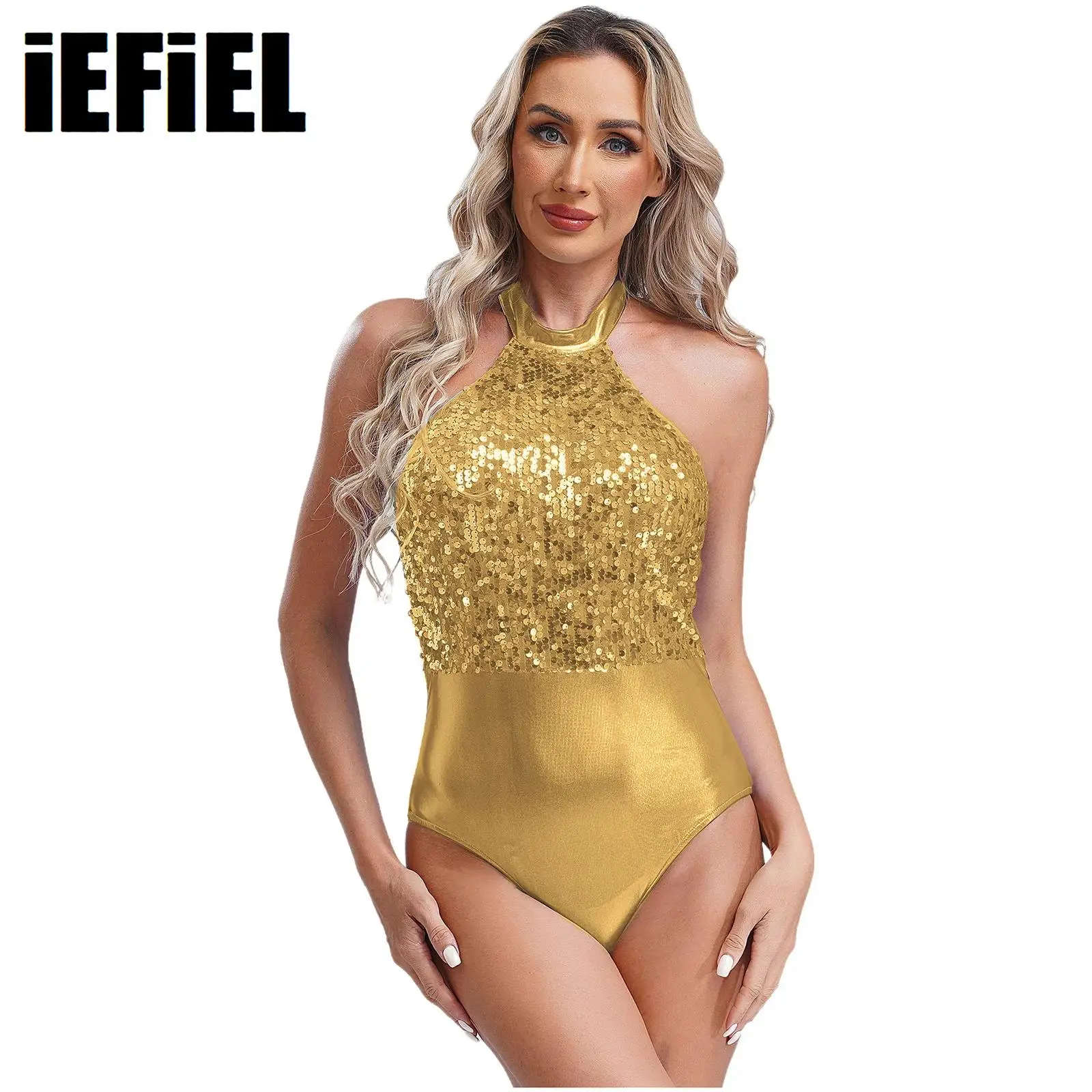 

Womens Sequins Dance Leotard Metallic Bodysuit Halter Backless Sleeveless Leotard for Party Club Dance Stage Performance