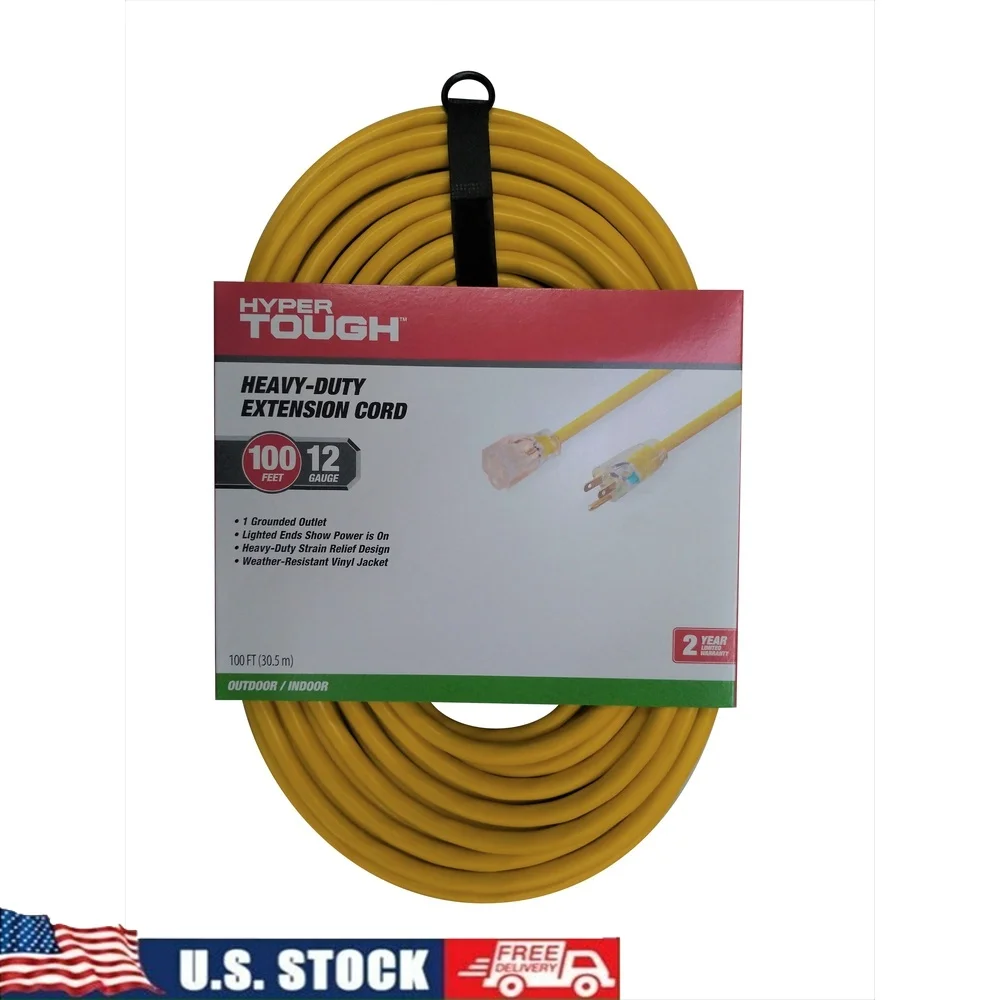 

Heavy Duty 100ft Yellow Vinyl Extension Cord Indoor Outdoor Water Resistant 12AWG with Lighted End Grounded Outlet