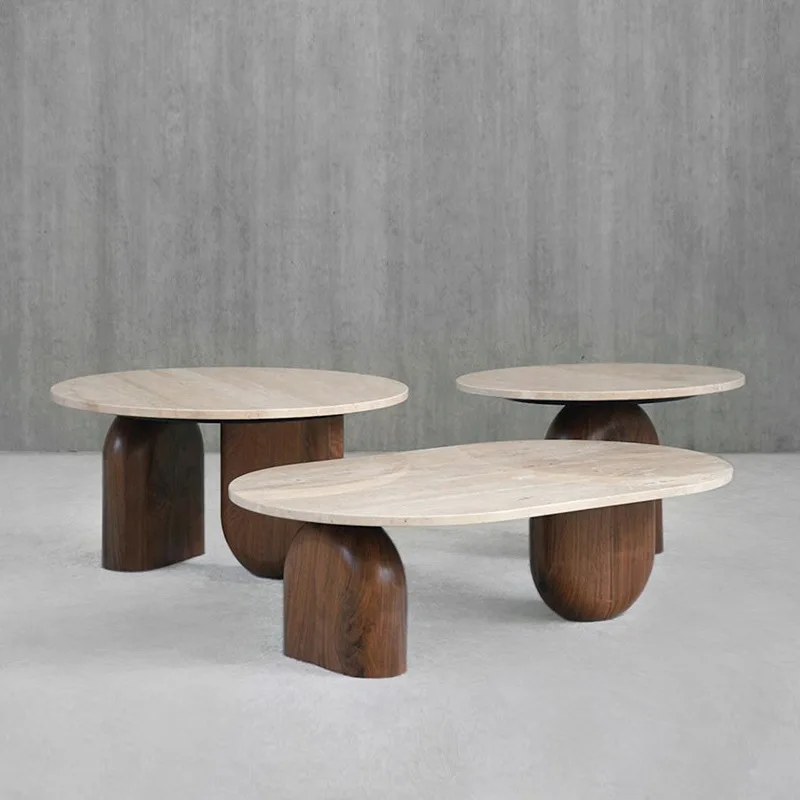 

Natural Yellow Travertine Coffee Table Art Marble Solid Wood Creative Coffee Table Combination Oval Round Nordic