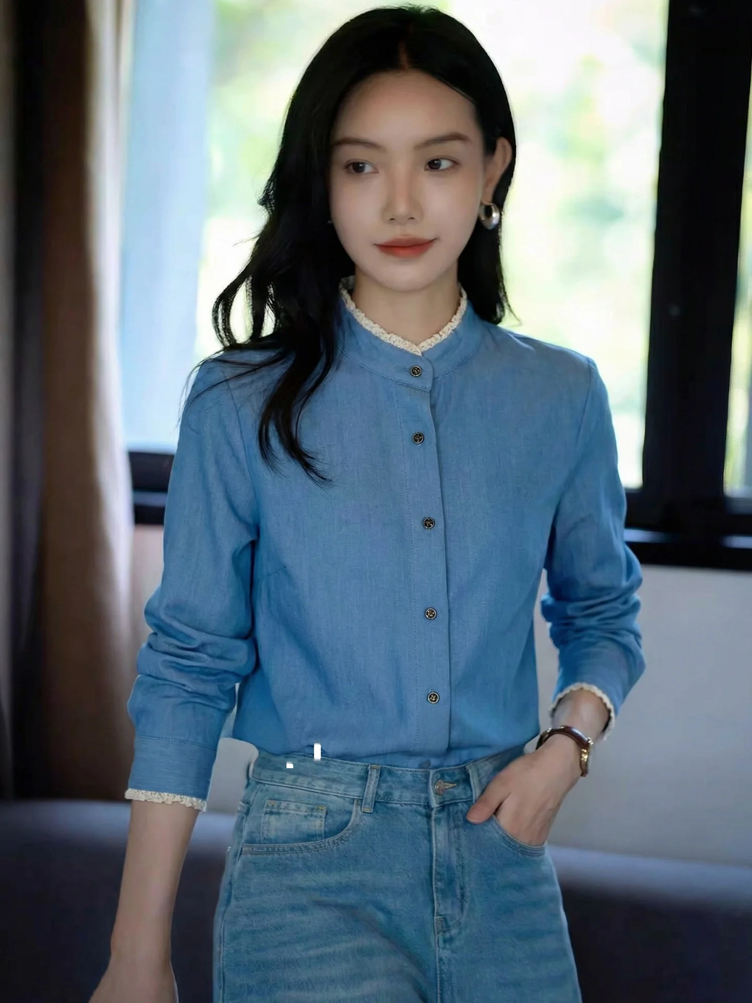 

Loose Fit Long Sve Lace Trim Stand Collar Women's irt Casual Sle Spring 2026 Breathable Cotton Blend Faionable Versa...