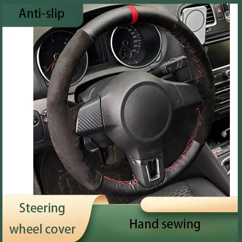 

Custom Car Steering Wheel Cover Black Suede Genuine Leather For Volkswagen Polo Golf 6 Mk6 MK5 Hand-stitched Auto Interior