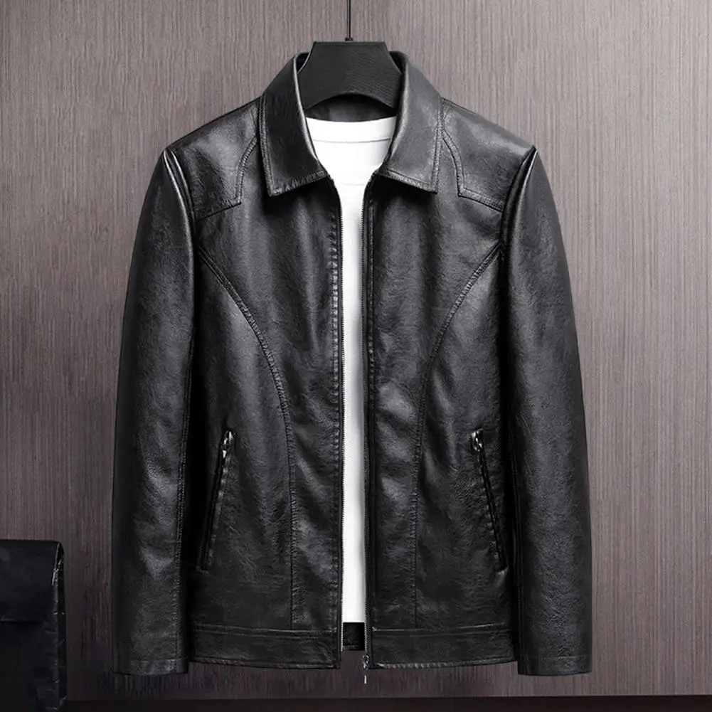 

Men Solid Color Coat Stylish Men's Faux Leather Jacket with Lapel Waterproof Windproof Coat with Zipper Placket for Men for Men