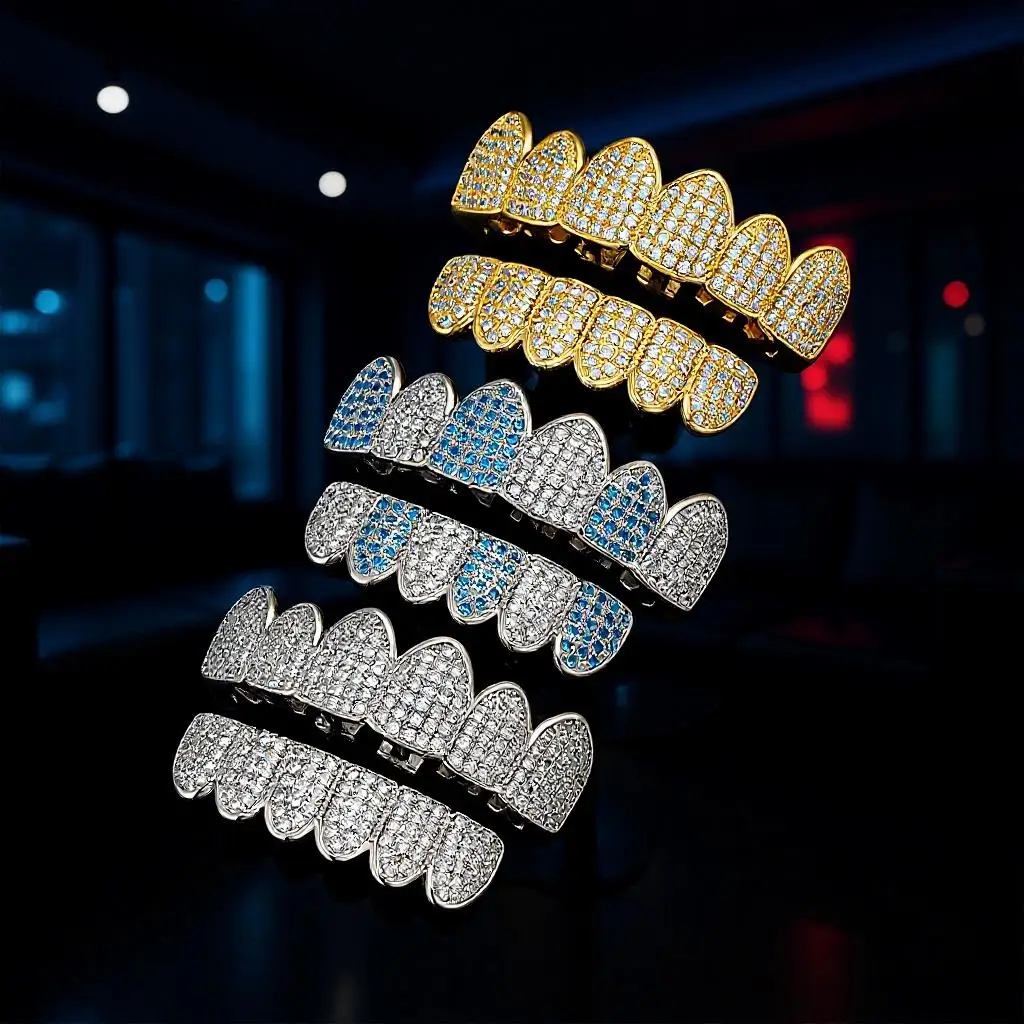 TOPGRILLZ Iced Out 6 Top &6 Bottom Set Blue Color Zircon Teeth Grills Punk Tooth Caps For Women Men Mouth Jewelry Dental Grillz
