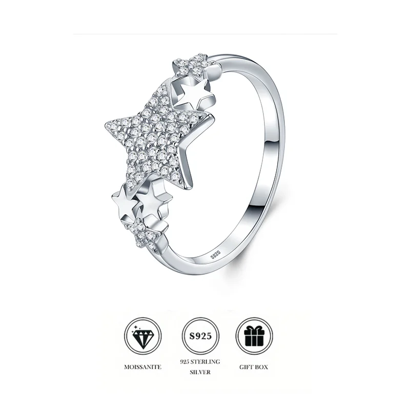 

S925 Sterling Silver Five-Pointed Star Moissanite Ring for Women, Personalized, Fashionable, Elegant and Luxurious Jewelry, Wedd