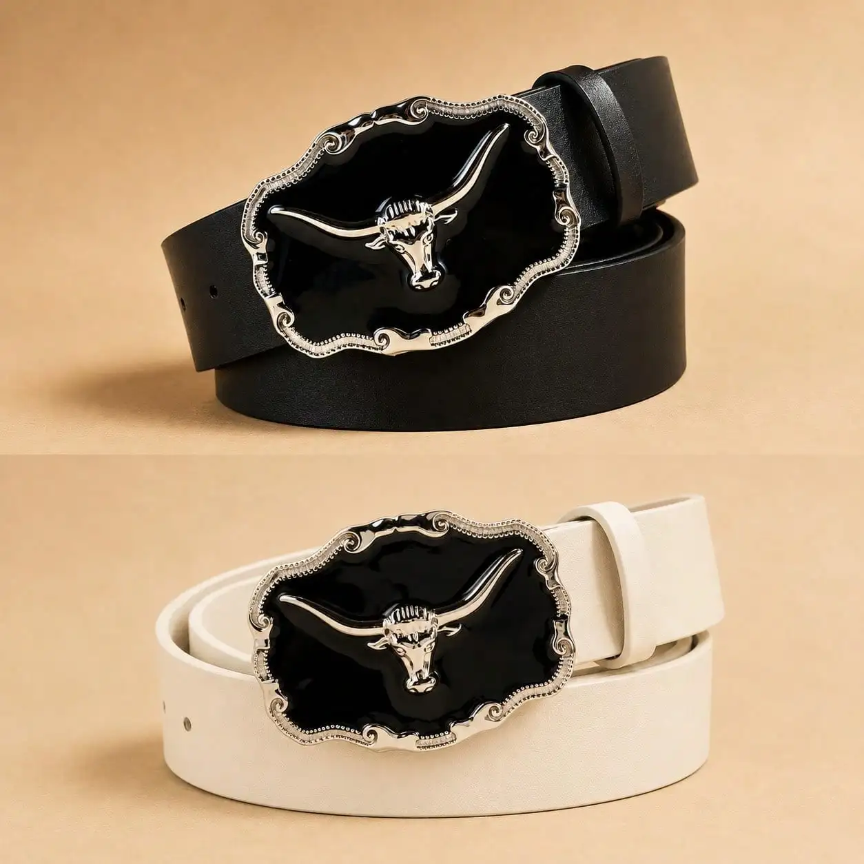 Women Retro Cow Head Buckle PU Belt, Minimalist Denim Style Slim Fit Belt, Countryside Decorative Belt for Denim Dress Daily
