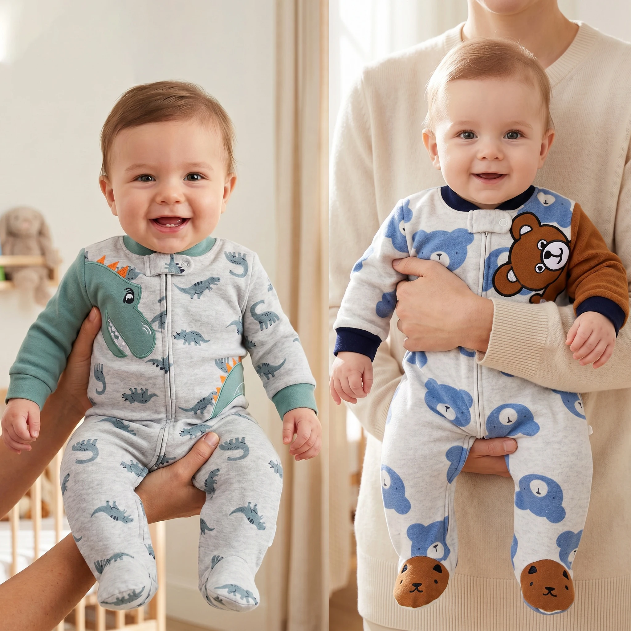 3-9M Neugeborene Jungen Reiner Baumwoll-Strampler mit Füßen, niedlichem Tiermuster, Stickerei, Kontrastärmeln, Reißverschluss, Einteiler für alle Jahreszeiten, Babykleidung