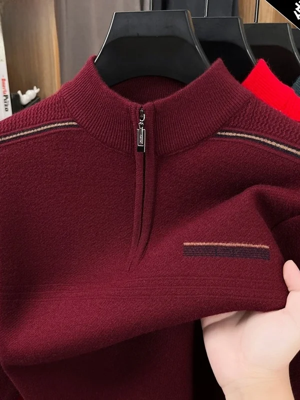 

Зимний утепленный мужской свитер с высоким воротником на молнии, теплый вязаный свитер, повседневный свободный крой, длинный рукав, геометрический узор