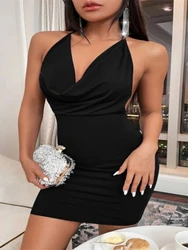 Sexy Elegant Dress Wrap Deep V Neck Backless Bodycon Dress Women Spaghetti Strap Solid Color Skinny Dress Club Party Vestidos