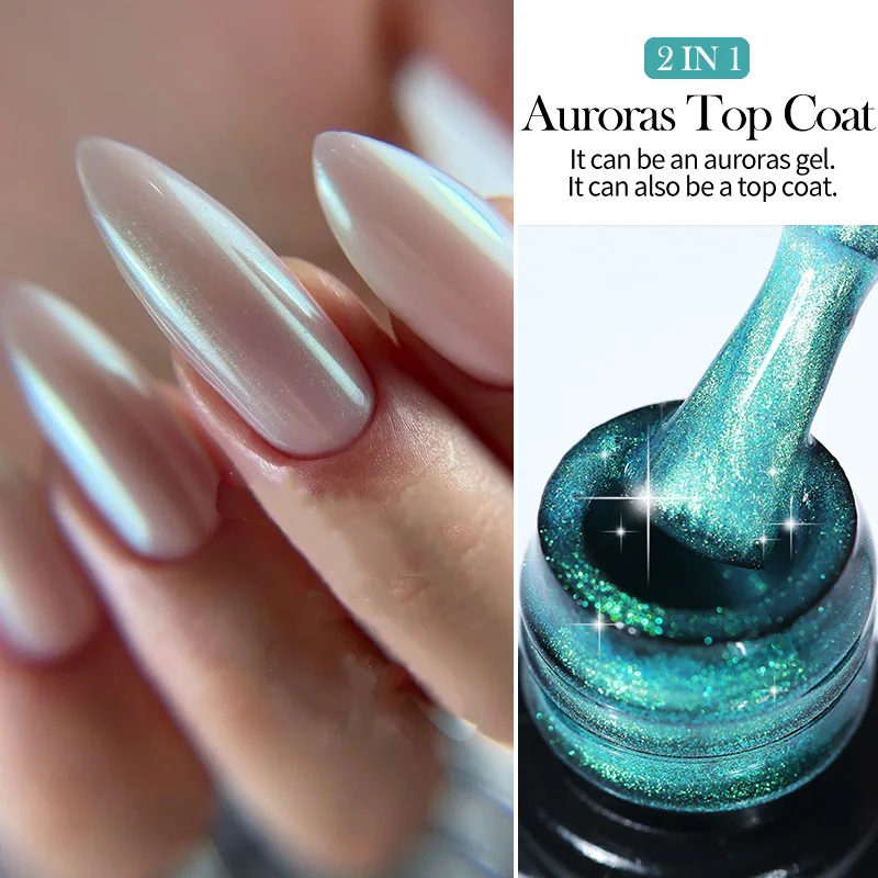 LILYCUTE 7ML Aurora Sparking Effect Top Coat Gel Nail Polish Summer Laser Manicure Semi Permanent No Wipe Top Coat Gel Varnish