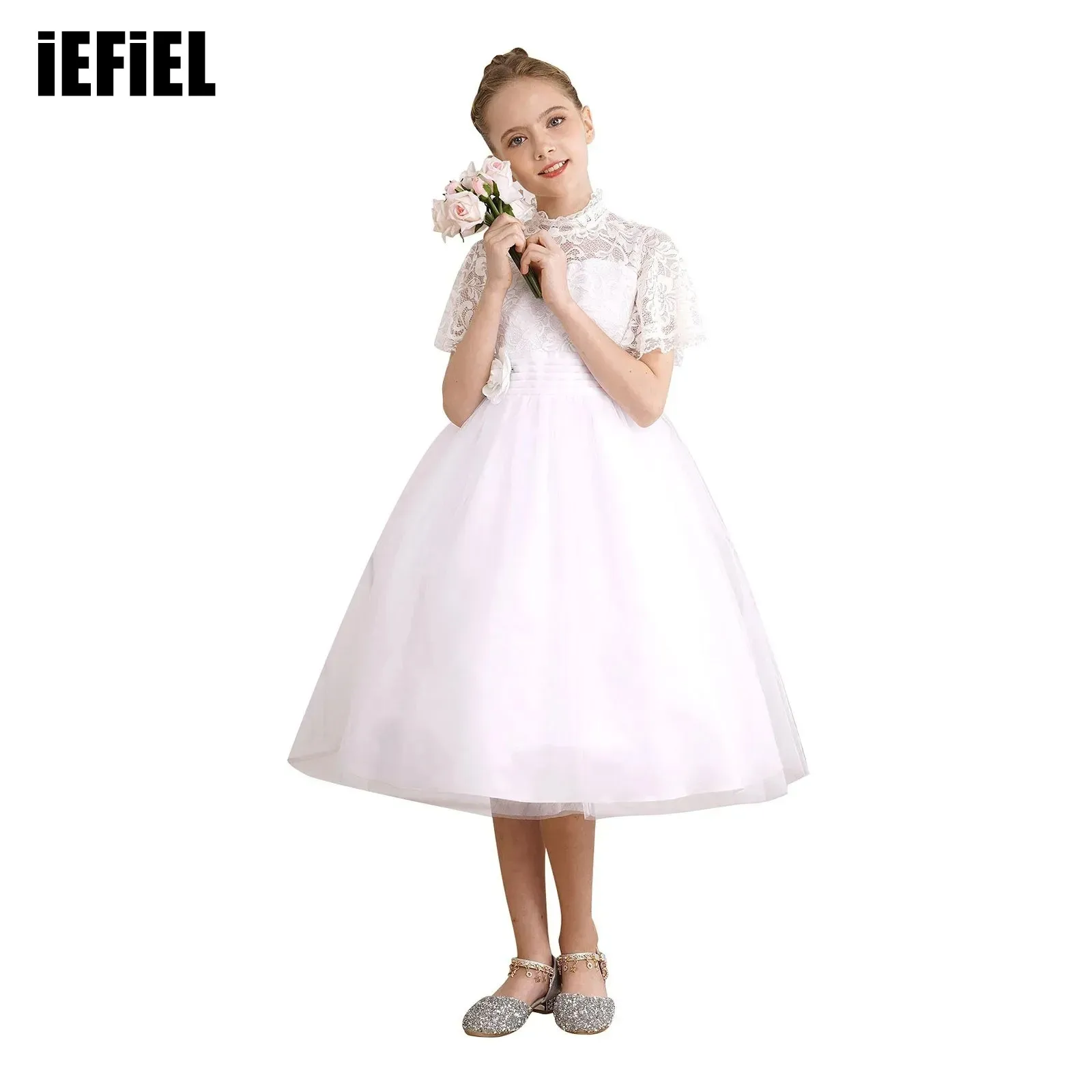 

Kids Girls Elegant Lace Party Dress Lace Bodice Flower Brooch Flare Sleeve A-Line Tulle Dress for Flower Girls First Communion