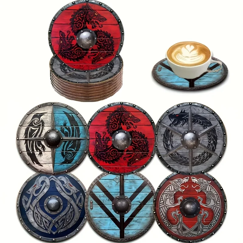 2D Flache Wikinger-Krieger-Schild-Muster Runde Holzuntersetzer Set - Kaffeetassen-Untersetzer Esszimmer-Deko Tischplattenschutz Geschenk