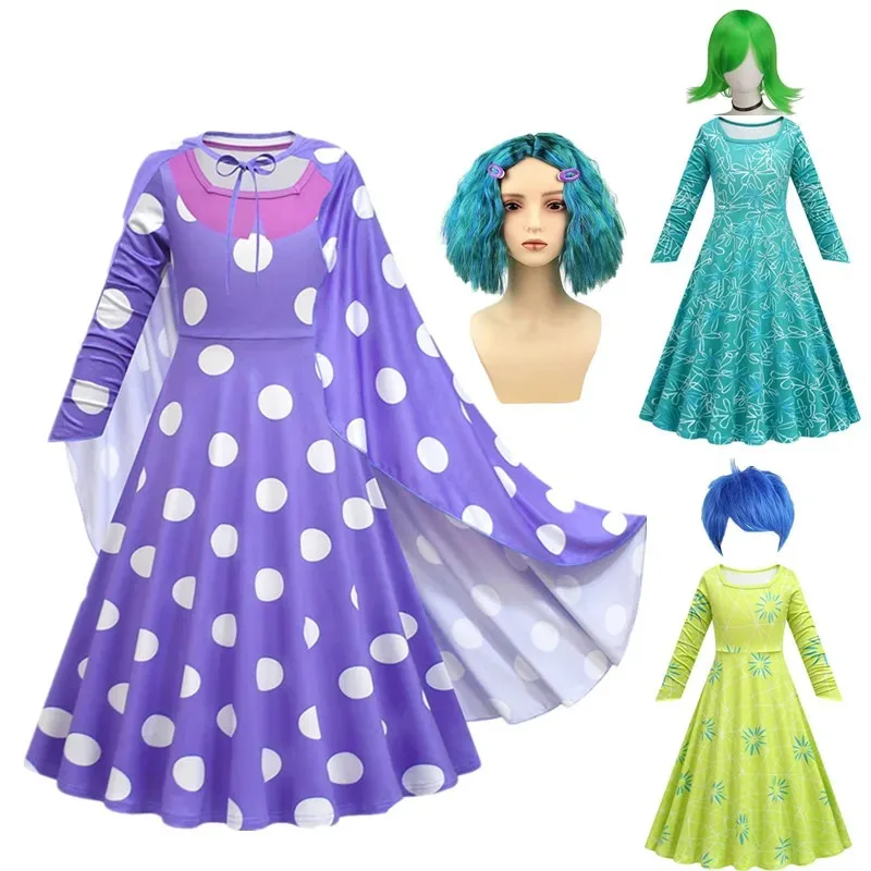 

l2025l Хэллоуин фильм Disgust Envy косплей костюм детское платье принцессы с цветочным рисунком + плащ + сумка + парик для девочек радость Хэллоуин Карнавал