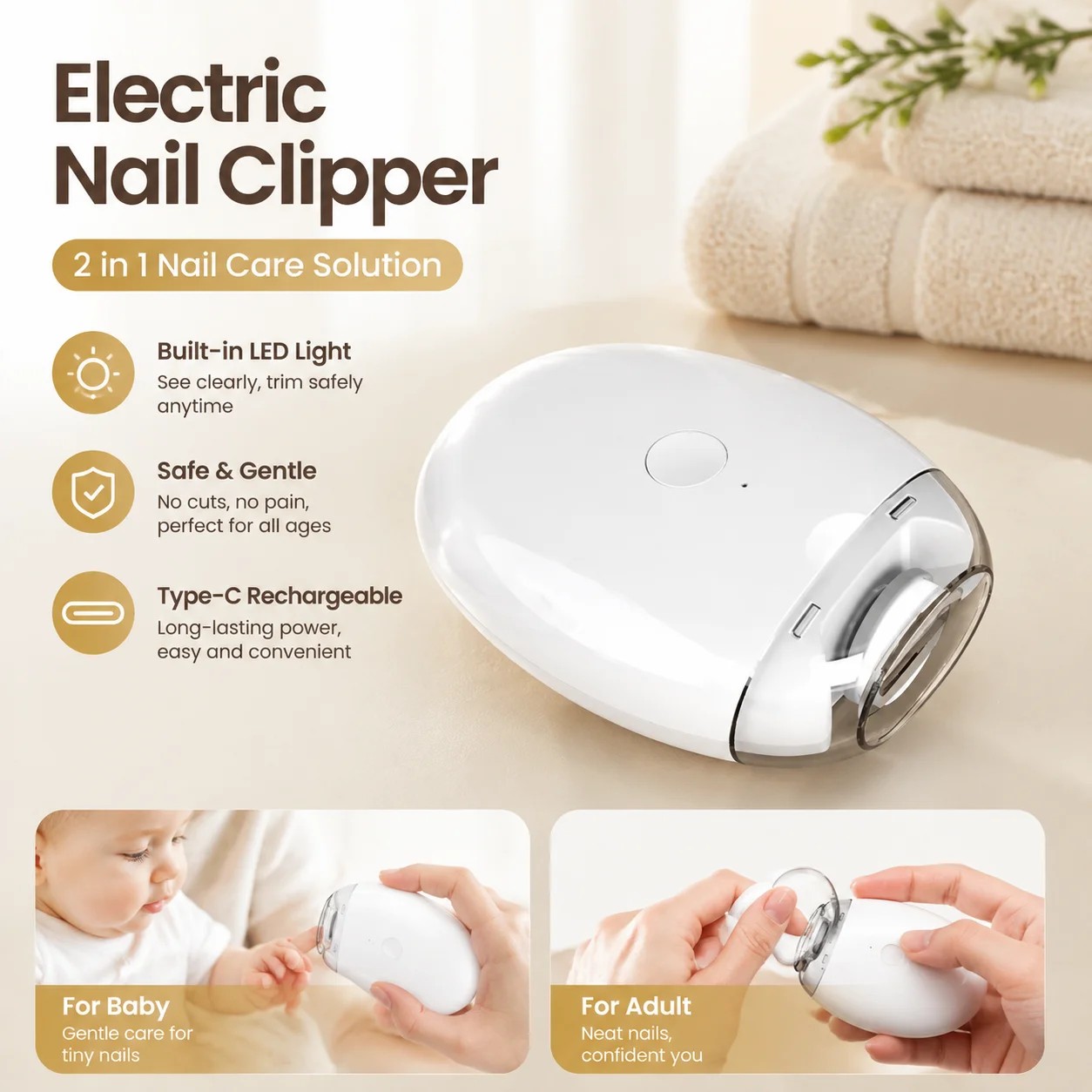 Electric Nail Clipper 2 in 1 with LED Light, Automatic Nail Grinder Trimmer for Baby & Adult, Type-C Rechargeable Nail Care