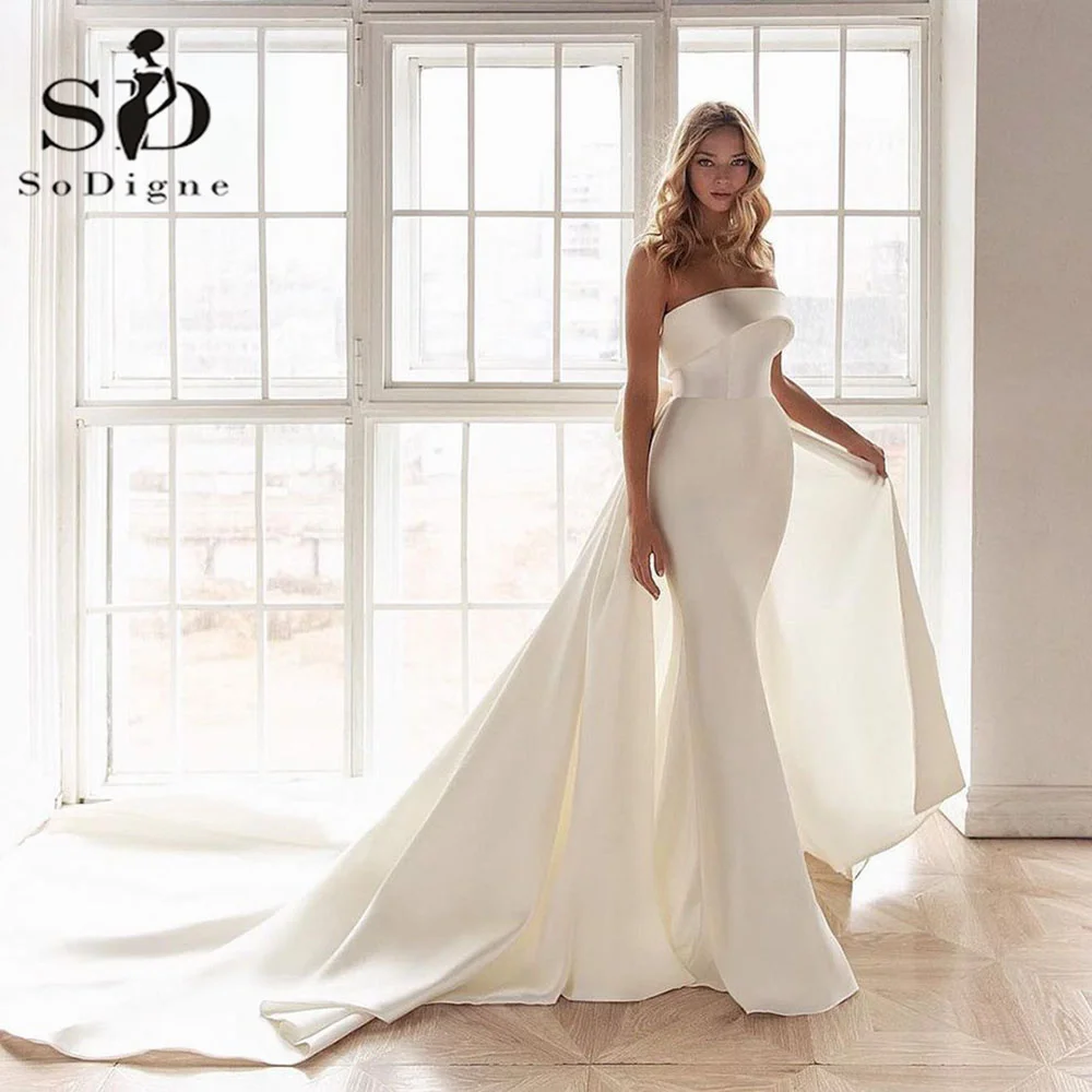 

SoDigne Boho Satin Mermaid Wedding Dresses Pleated Sleeveless Strapless Long Bridal Gowns Detachable Train Bride Dress 2023