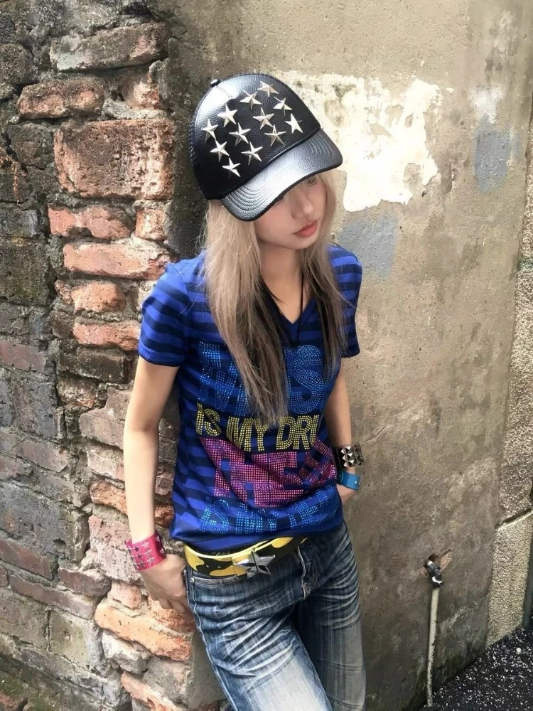 Korean Sexy Girl Short Sleeve T-Shirt Rhinestone Patchwork Strip Women Streetwear Bodycon Top Gothic Vintage Spring Summer