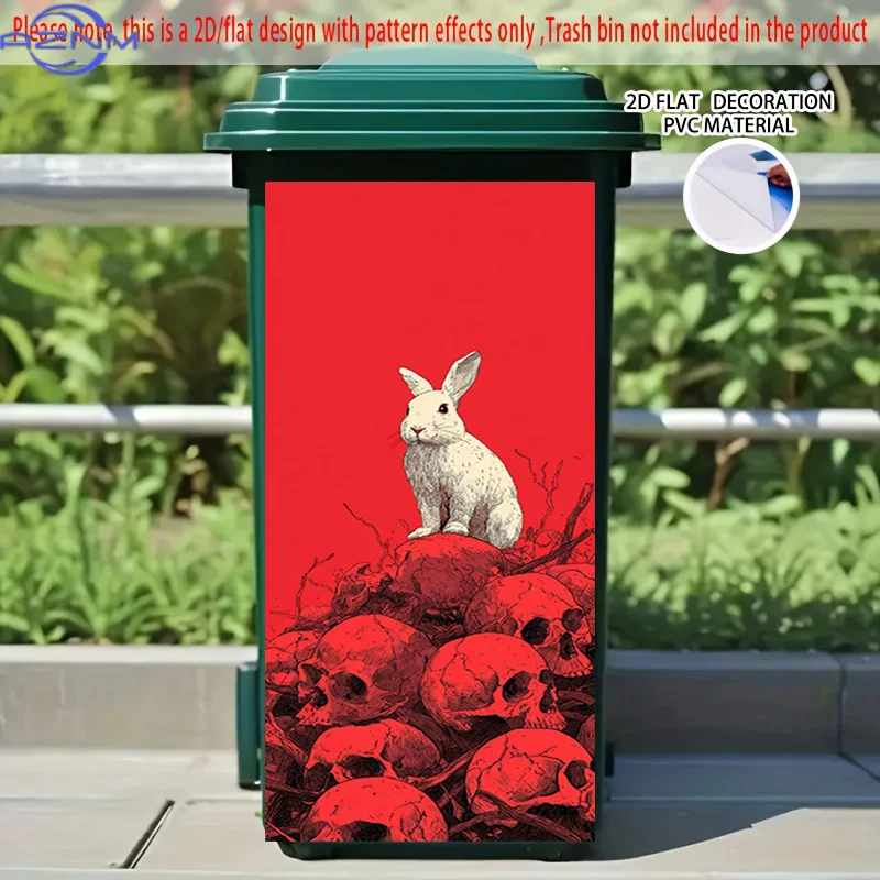 [2D Flat Printing] 1pc 2D Pattern Printed Kitchen Trash Can Sticker, X Cm Pile of Bones with White Rabbit Theme Kitchen Home D