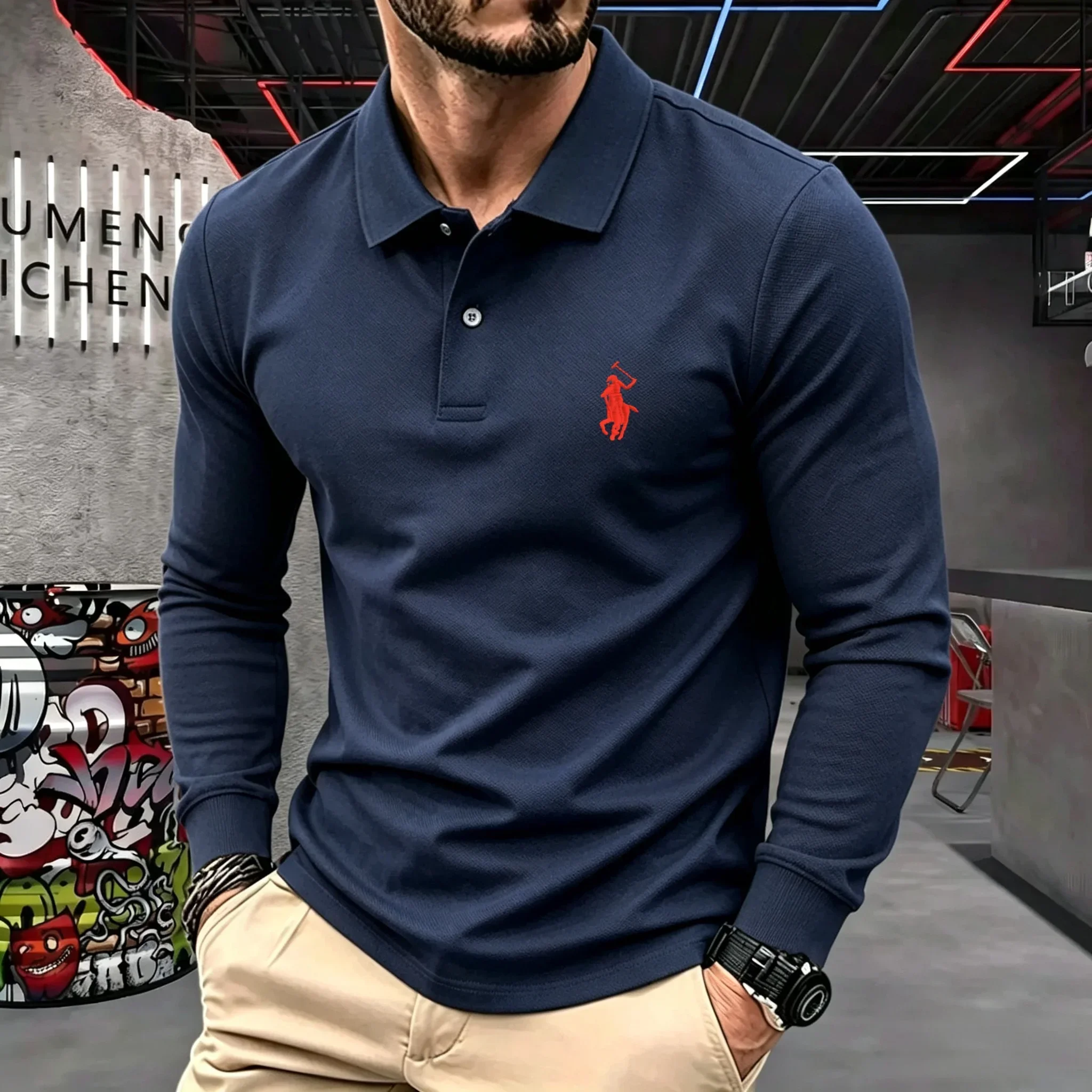 100% reine Baumwolle, hochwertiges Marken-Herren-Langarm-Poloshirt, Herbst-Winter, modisch, luxuriös, bestickt, Golf-Oberteil, lässiges T-Shirt – Detail 8