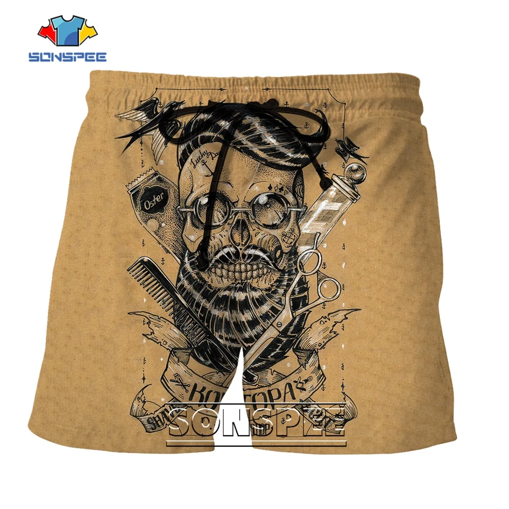 

SONSPEE Barber Shop 3D Print Cool Cartoon Anime Skull Haircut Shorts Unisex Scissors Comb Fashion Loose Sports Beach Short Pants