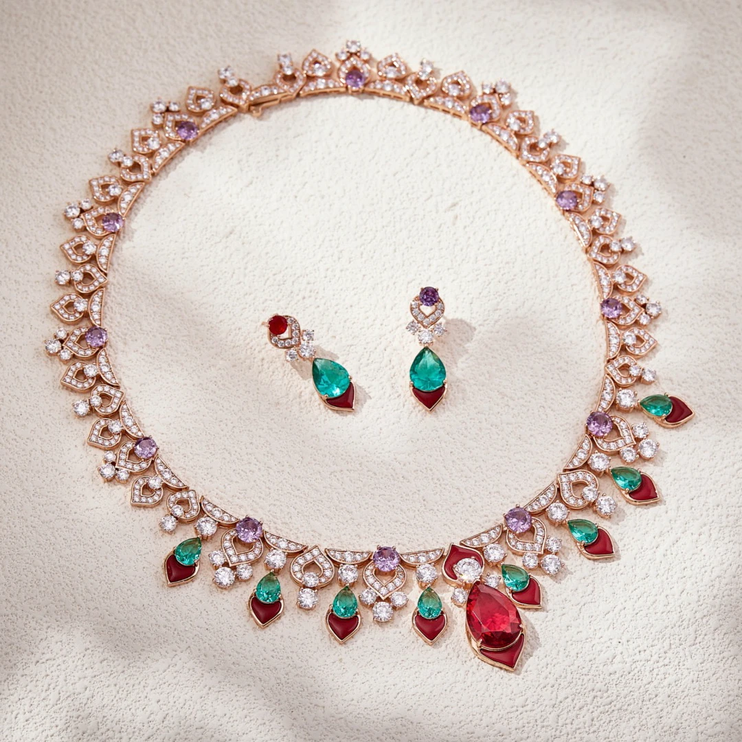 

AY New Arrival Sweet Style AAA Zirconia Colorful Drop Necklace Earrings For Women Wedding Party Evening Dress Jewelry Set