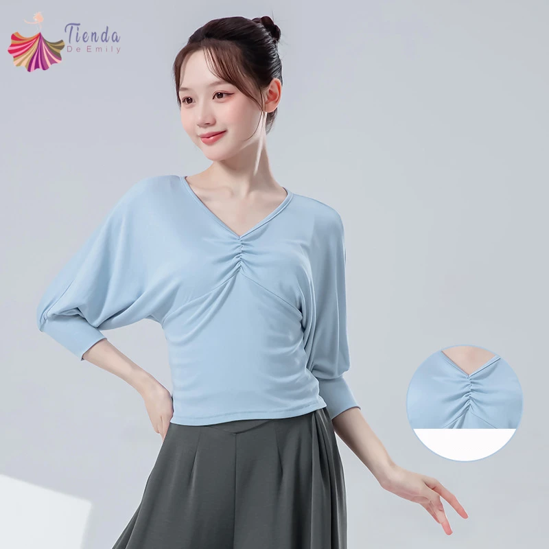 

Топ для современного танца, балетный гимнастический тренировочный костюм, женская рубашка с рукавами «летучая мышь» три четверти, футболка, линия выступлений, сценическая одежда