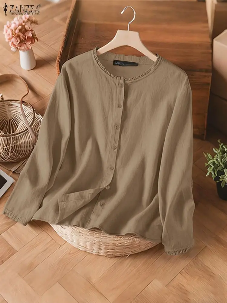 

ZANZEA 2022, осенние рубашки, винтажные женские блузки, повседневные топы с круглым вырезом и длинными рукавами, блузки на пуговицах, стильная рабочая рубашка с оборками OL
