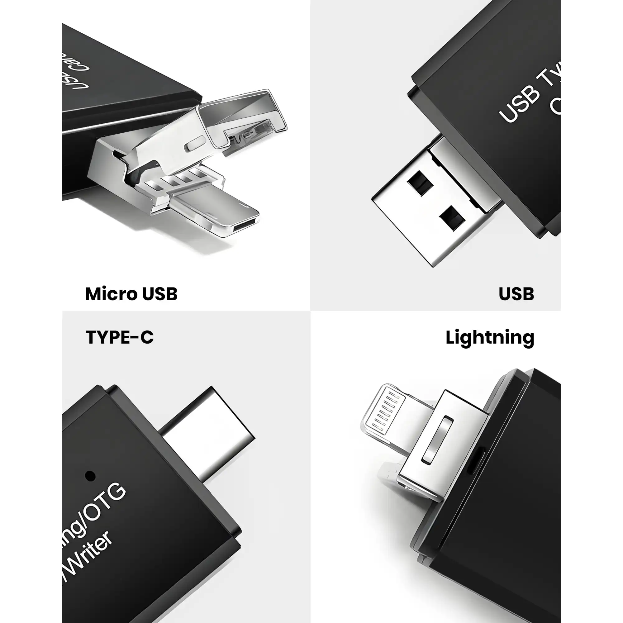 SD Card Reader for iPhone iPad PC, 4-in-1 Memory Card Adapter with Lightning/USB C/USB/Micro USB, Supports SD/TF Cards