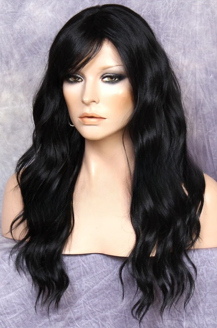 

Long Beach Wavy Jet Black hair Blend Full Wig Heat OK Bangs Layered FBW 1