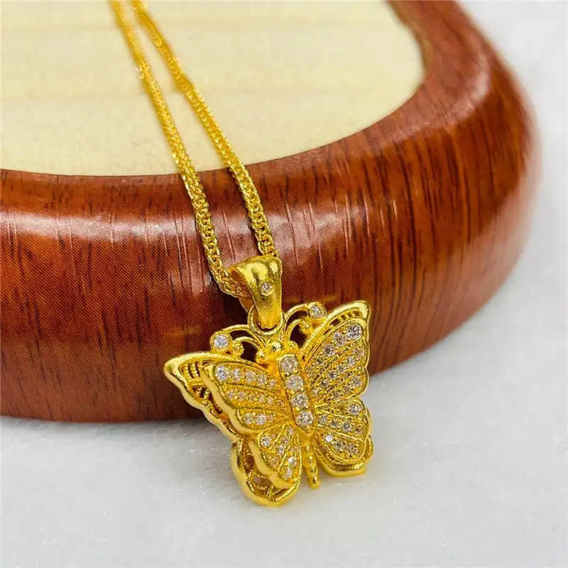 Luxury 24K 9999 Pure Gold real gold Gold shop with silk full diamond women's butterfly pendant necklace