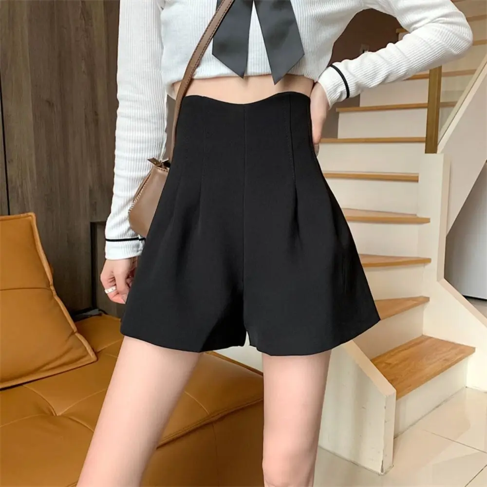 Chic Invisible Zipper Summer A-line Shorts Pants Black Loose High Waist Suit Shorts Large Size Y2K Solid Hot Pants Women