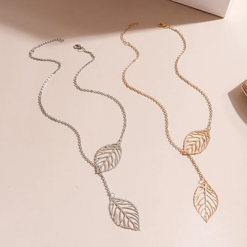 New Fashion Double Leaves Women Boho Simple Alloy Clavicle Necklace Leaf Pendants Necklaces Collares Accessories Jewelry Gift