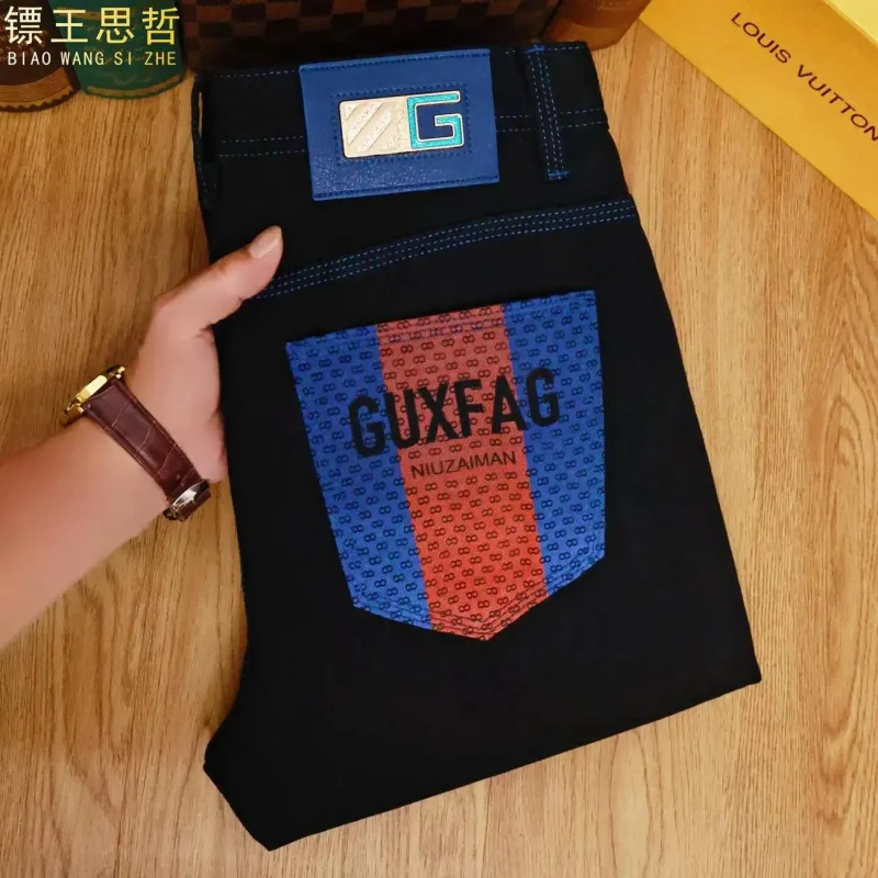 

2026 New Spring Summer Men's Black Jeans Fashion Print Design Luxury Lightweight Stretch Fabric Slim Fit Skinny Leg Denim Casual