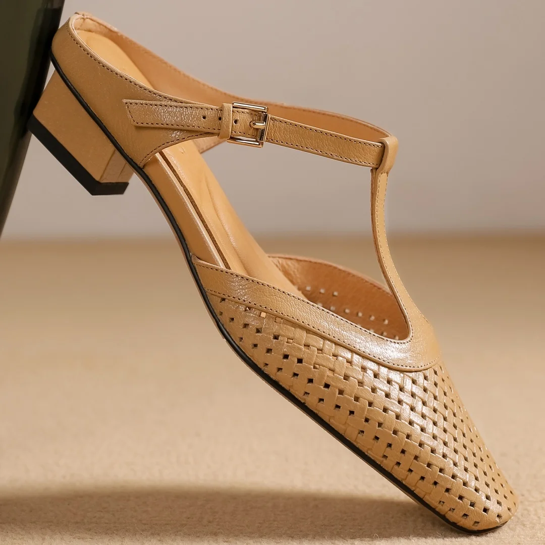 Plus size 41 women\'s hollow-out mix color patchwork slip-on t-strap sandals square toe elegant ladies kitten heel slides mules