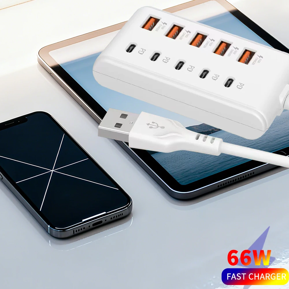 USB Fast Charge Charger Type‑C Fast Charging Charger 5USB‑A + 5 Type‑C  Power Socket Adapter Charging Station For iPhone Xiaomi
