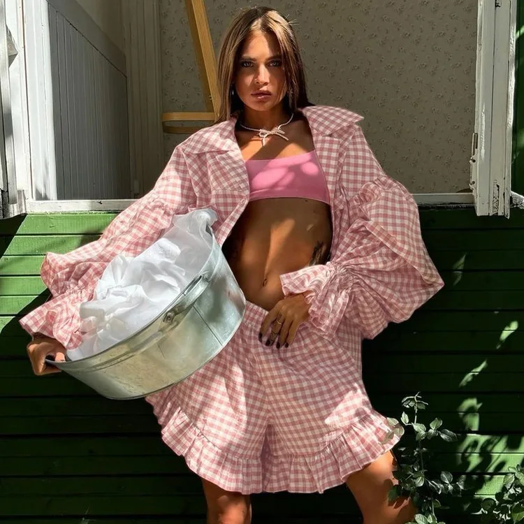 

Fashion Loose Plaid Print 2 Piece Sets Women Outfit 2026 Elegant Long Sleeve Shirt With High Waist Ruffle Shorts Set Female
