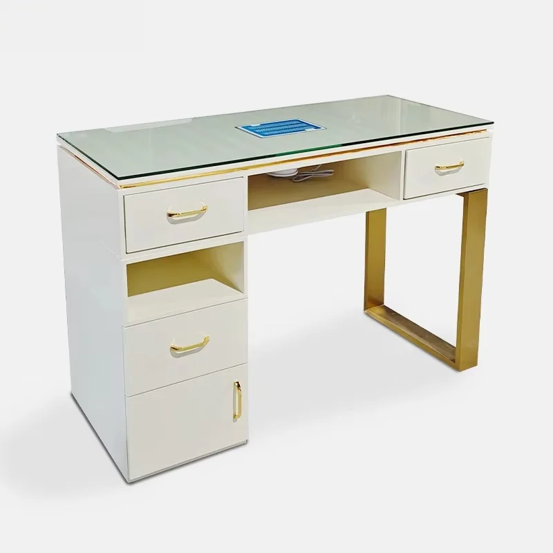 White Gold Manicure Furniture Nail Art Table Station With Dust Collector