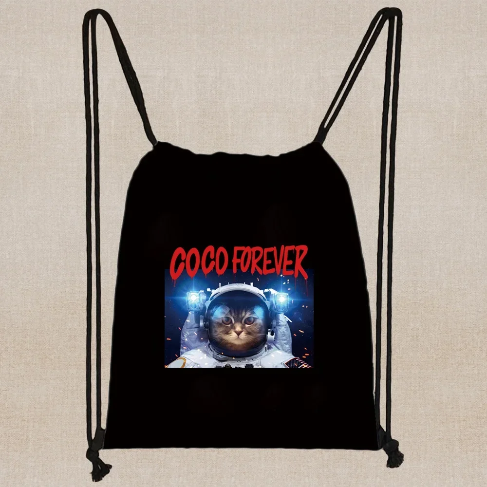 Practical Canvas Shopping Backpack Astronaut Print Drawstring Sport Bag Gym Storage Daily Sack Pack