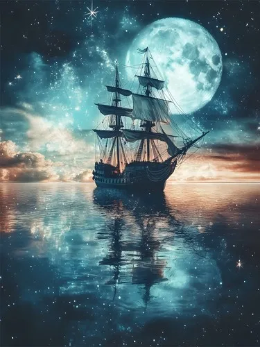 Pirate Ship Full Moon Metal Poster Wall Tin Sign Man Cave Shed Home Plaque --Tin Sign