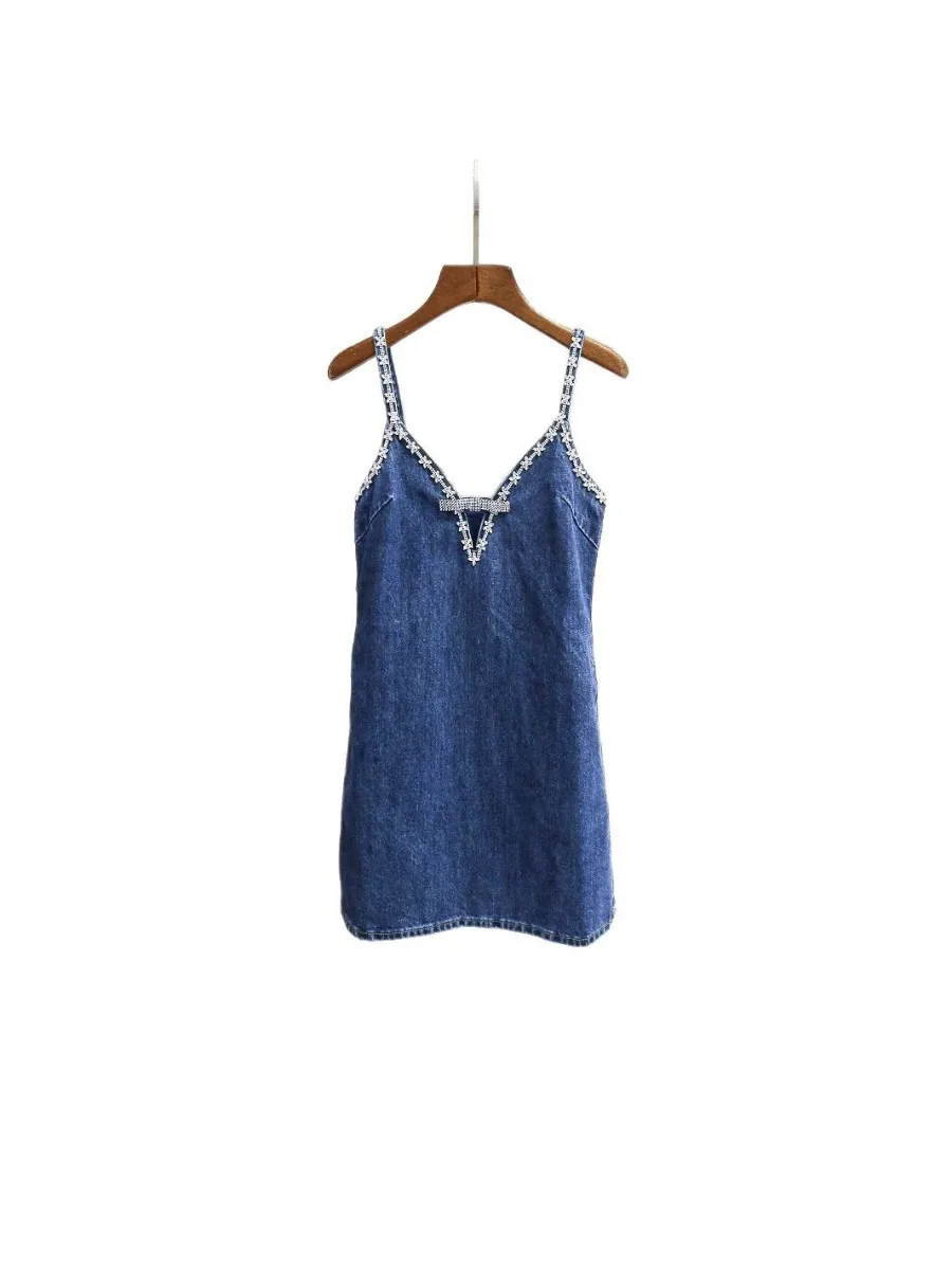 Sukienka damska GALCAUR, niebieska, z wstawkami w kształcie diamentów, dekolt w serek, bez rękawów, wysoki stan, luźna, basic, do biura, styl letni, nowość.