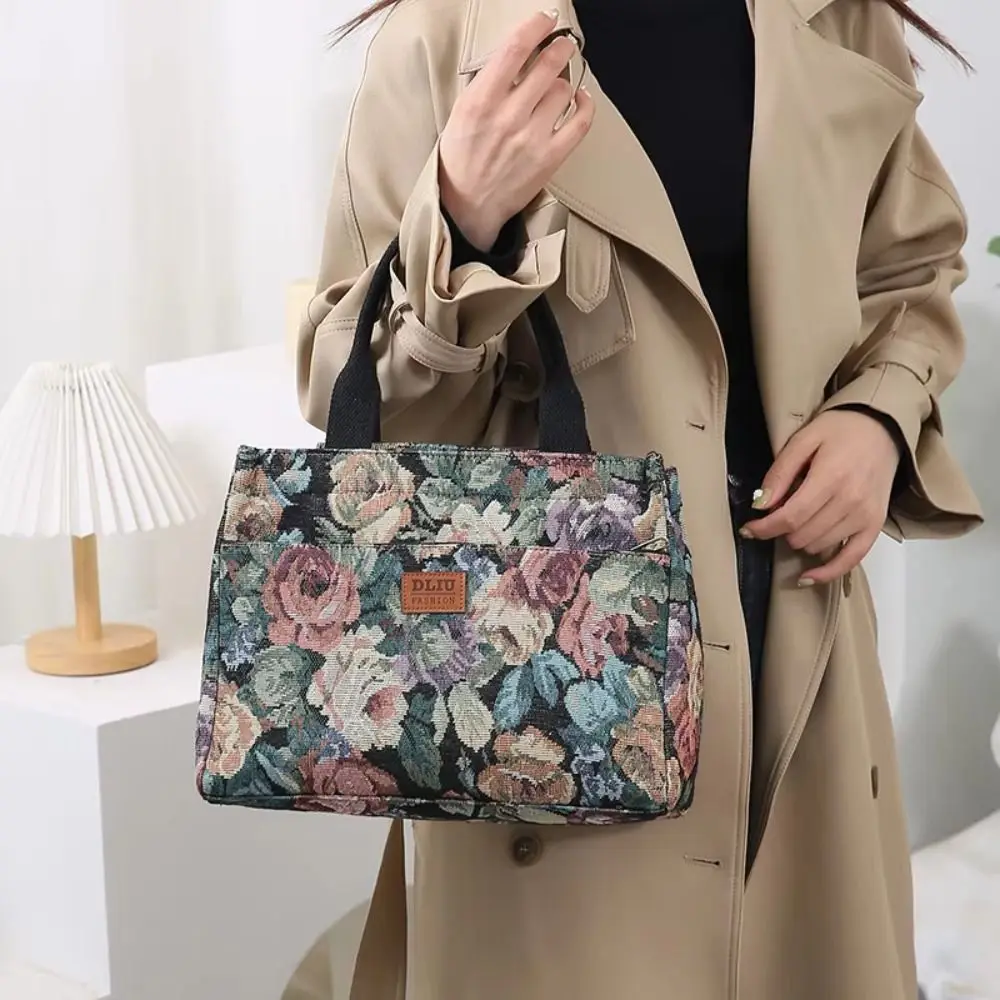 Tragbare Damen-Tragetasche mit Blumenmuster, verdickte Canvas-Lunch-Tasche mit Reißverschluss, große Jacquard-Handtasche – Detail 6