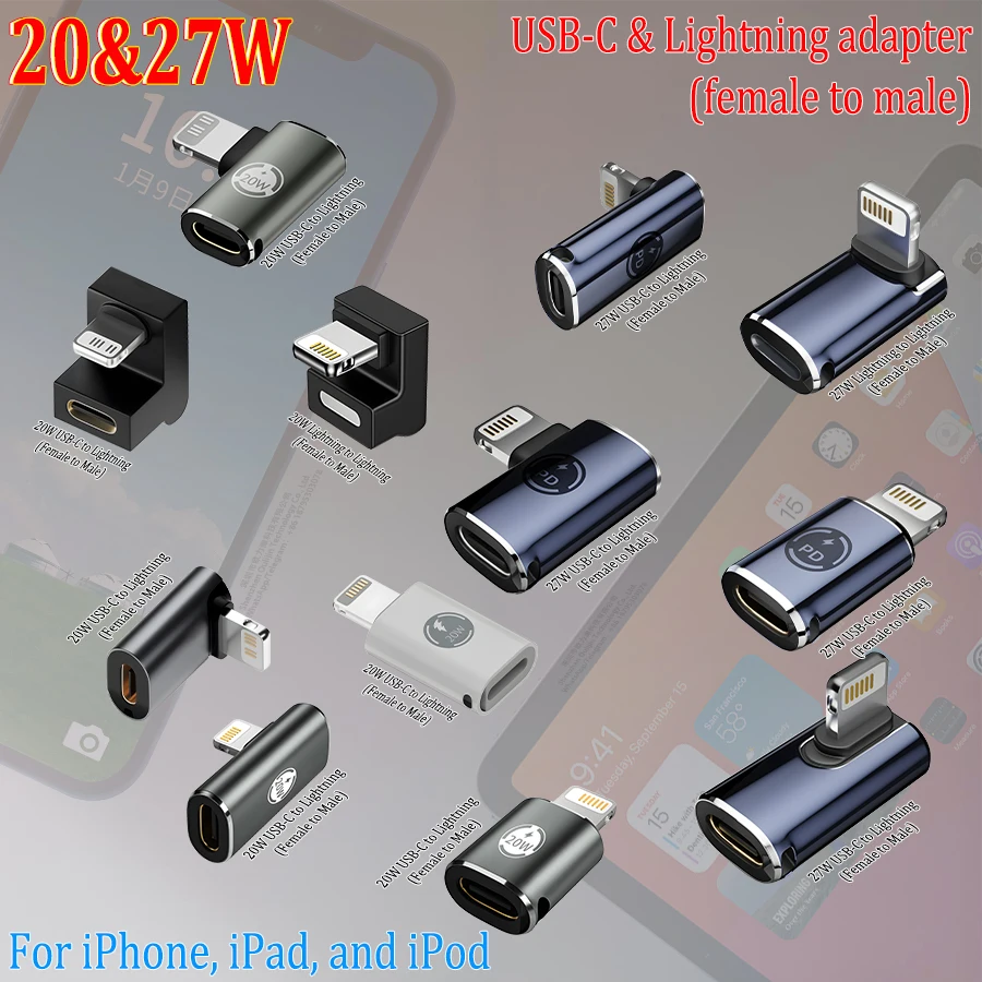 Conector de dados de carregamento USB Tipo C PD 20/27 W para iPhone, iPad, iPod, adaptador USB-C para Lightning, fêmea para macho, vários estilos