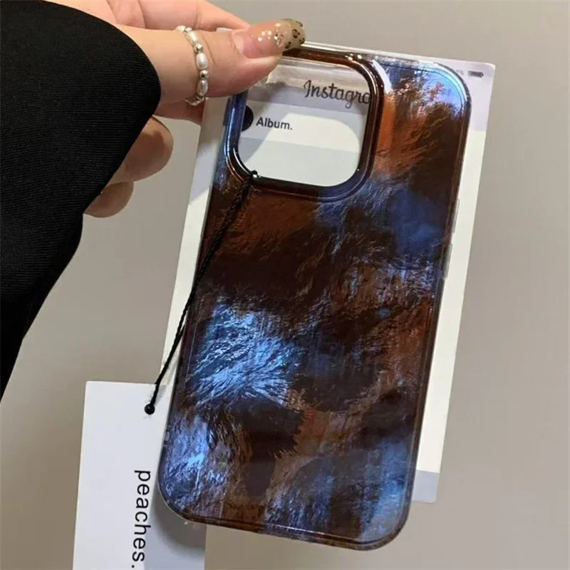 Retro Brown Blue Gradient  Clear Case For iPhone 16 15 14 13 12 11 Pro Max XS XR X SE 7 8 Plus Vortex Pattern Shockproof Cover