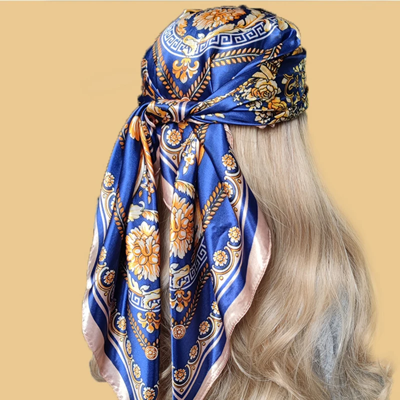 Square Bandannas Fashion Sunscreen Silk Scarves Luxury Flower Shawls Popular Print 90X90CM Headcloth 2022 Four Seasons Kerchief